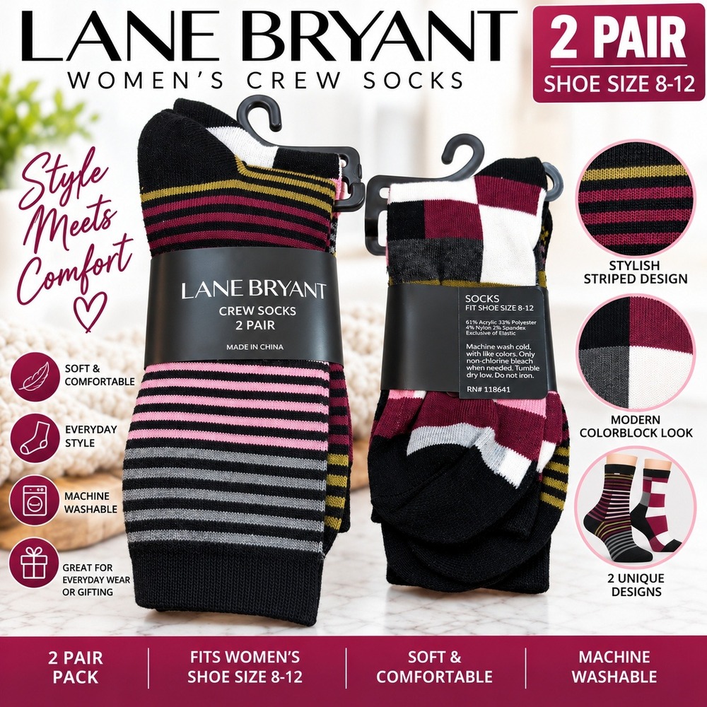 Lane Bryant Womens Crew Socks 2 Pair Pack Striped Colorblock Shoe Size 8-12 NEW